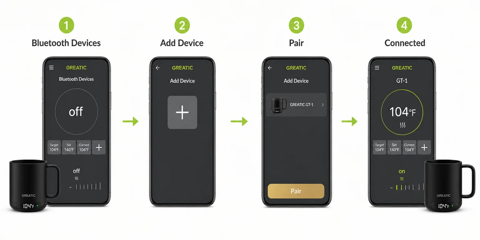 Den GT-1 Smart Mug in fünf Schritten per Bluetooth verbinden.
