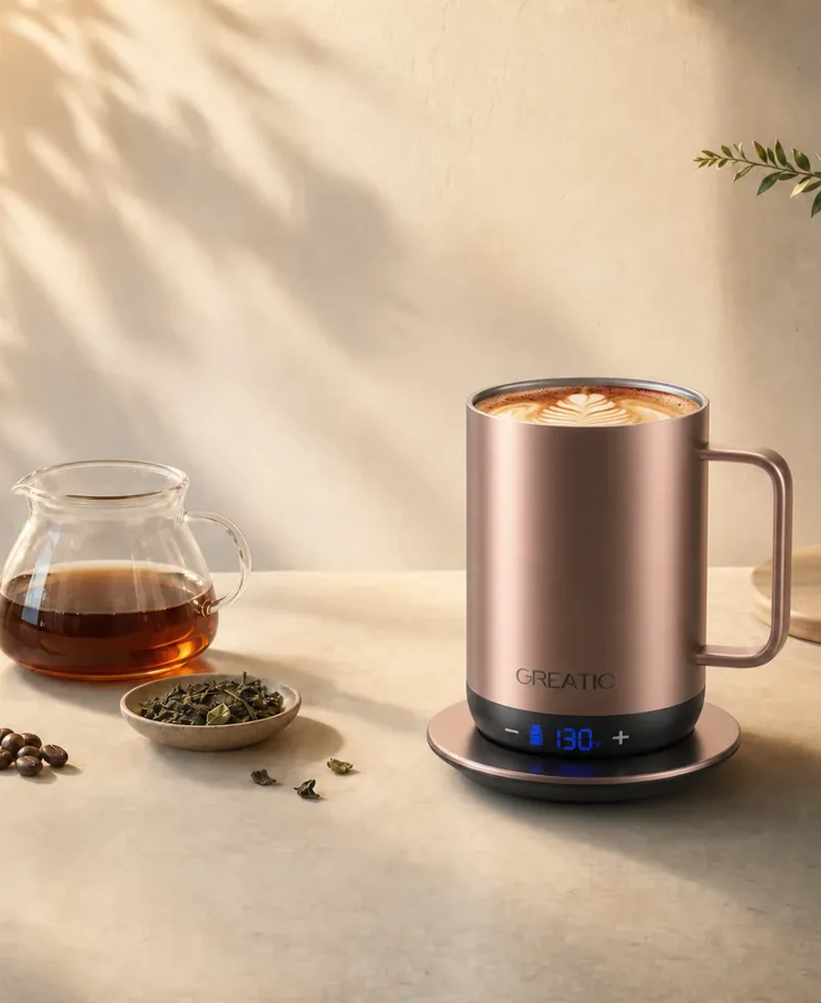 GREATIC GT-1 smart mug charging on its powered base before Bluetooth pairing