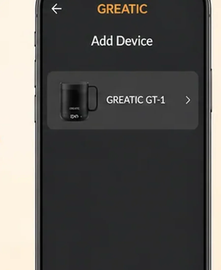 GREATIC app Add Device screen detecting the GT-1 smart temperature-control mug