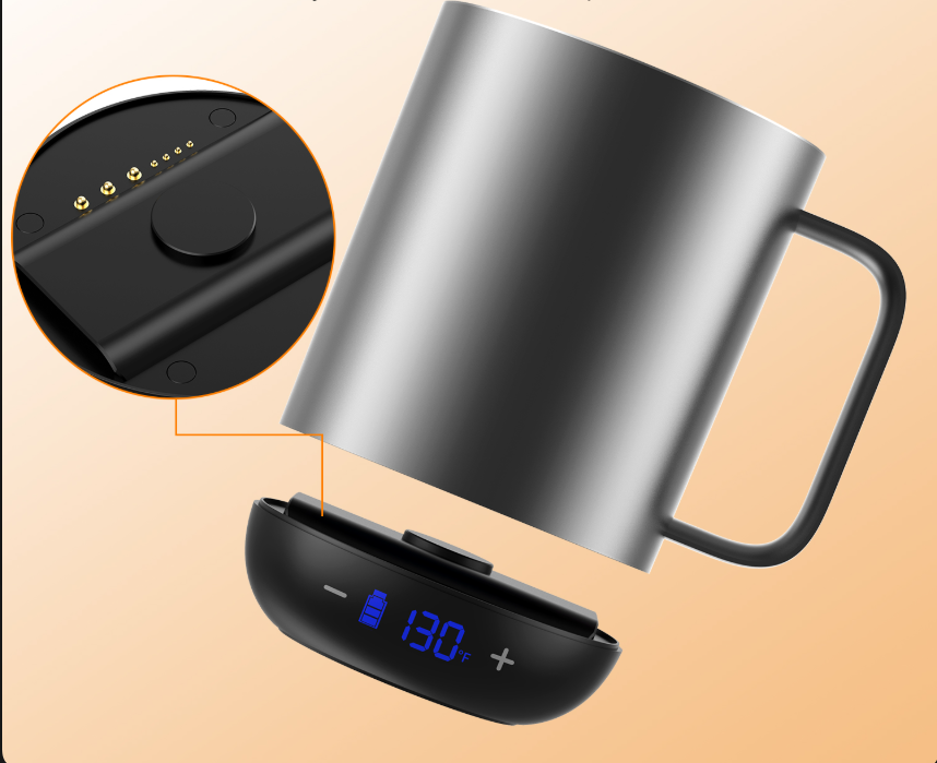 Grey GREATIC GT-1 14oz smart mug separated above its real black magnetic powered base with an inset view of the underside contacts