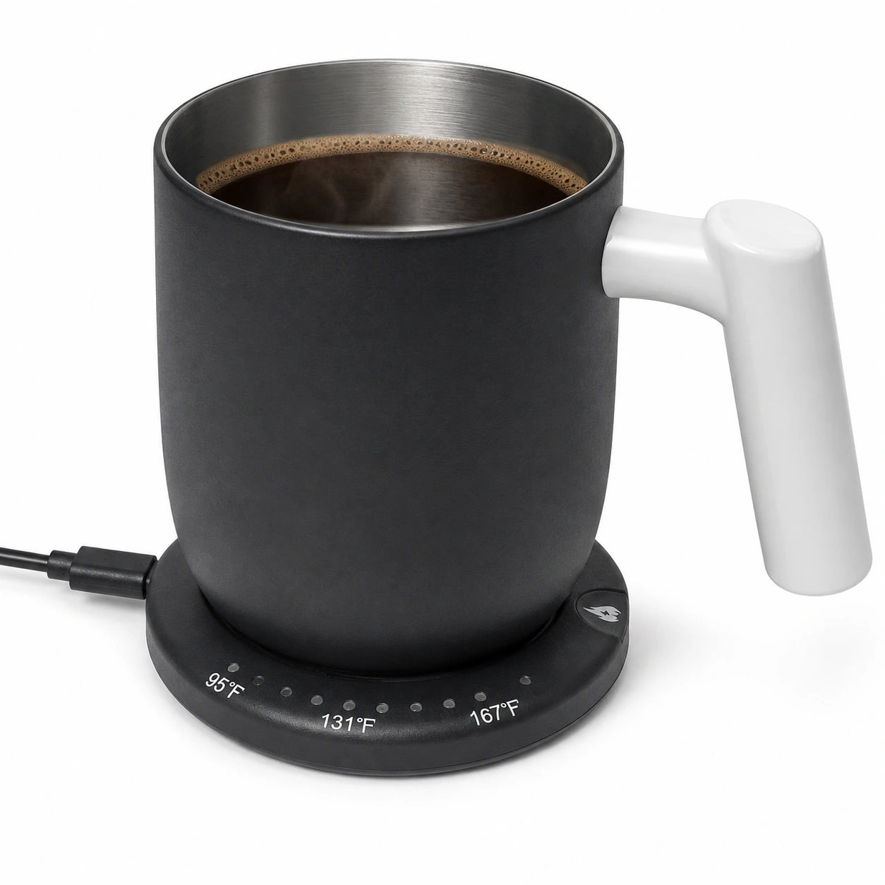 Black GREATIC GT-2 16oz heated coffee mug with white anti-scald handle and matching wireless heating base
