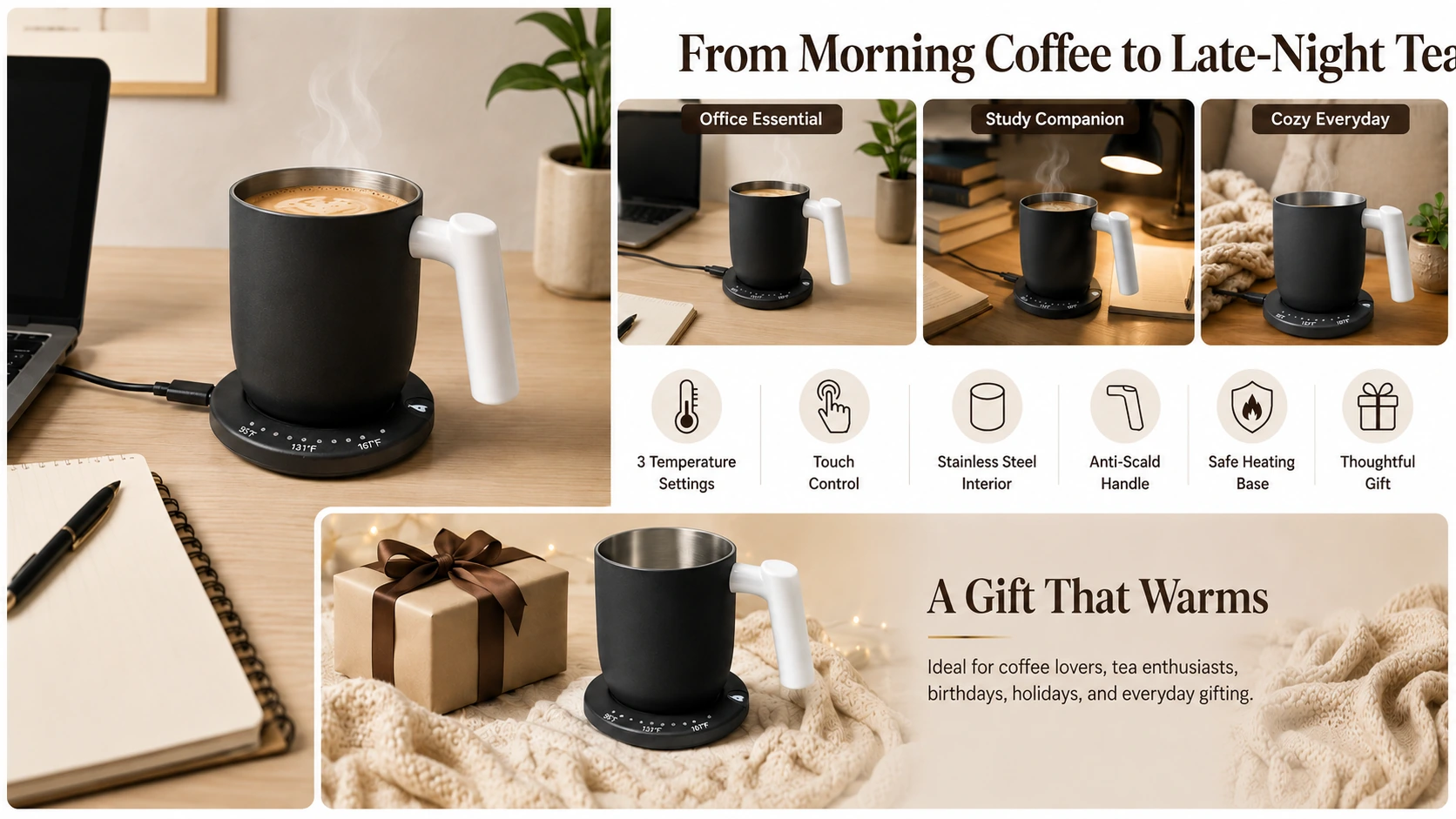 Black GREATIC GT-2 16oz heated coffee mug in office, study, evening and gift scenes