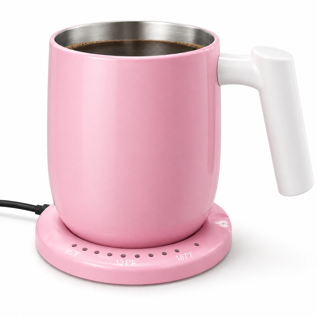 Pink GREATIC GT-2 16oz heated coffee mug with coffee, white handle and matching wireless heating base