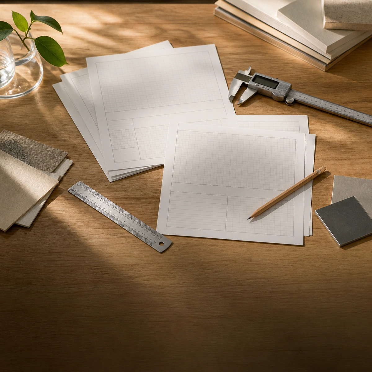 Product specification sheets and measurement tools on a warm desk for clear product facts
