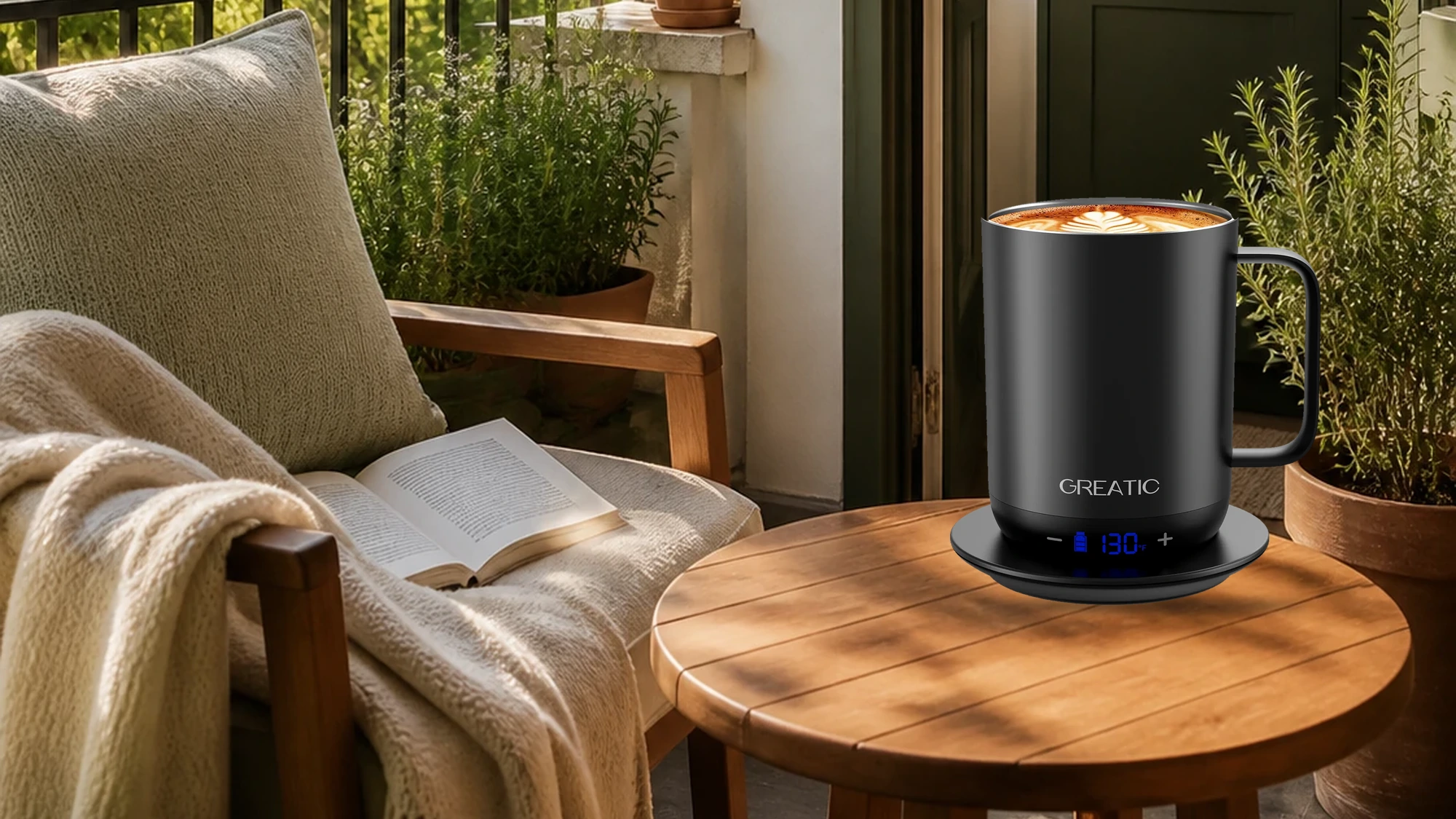 ブラック GREATIC GT-1 14oz 日当たりの良いバルコニーの読書テーブルに黒い電源部品を備えたスマート温度制御マグ