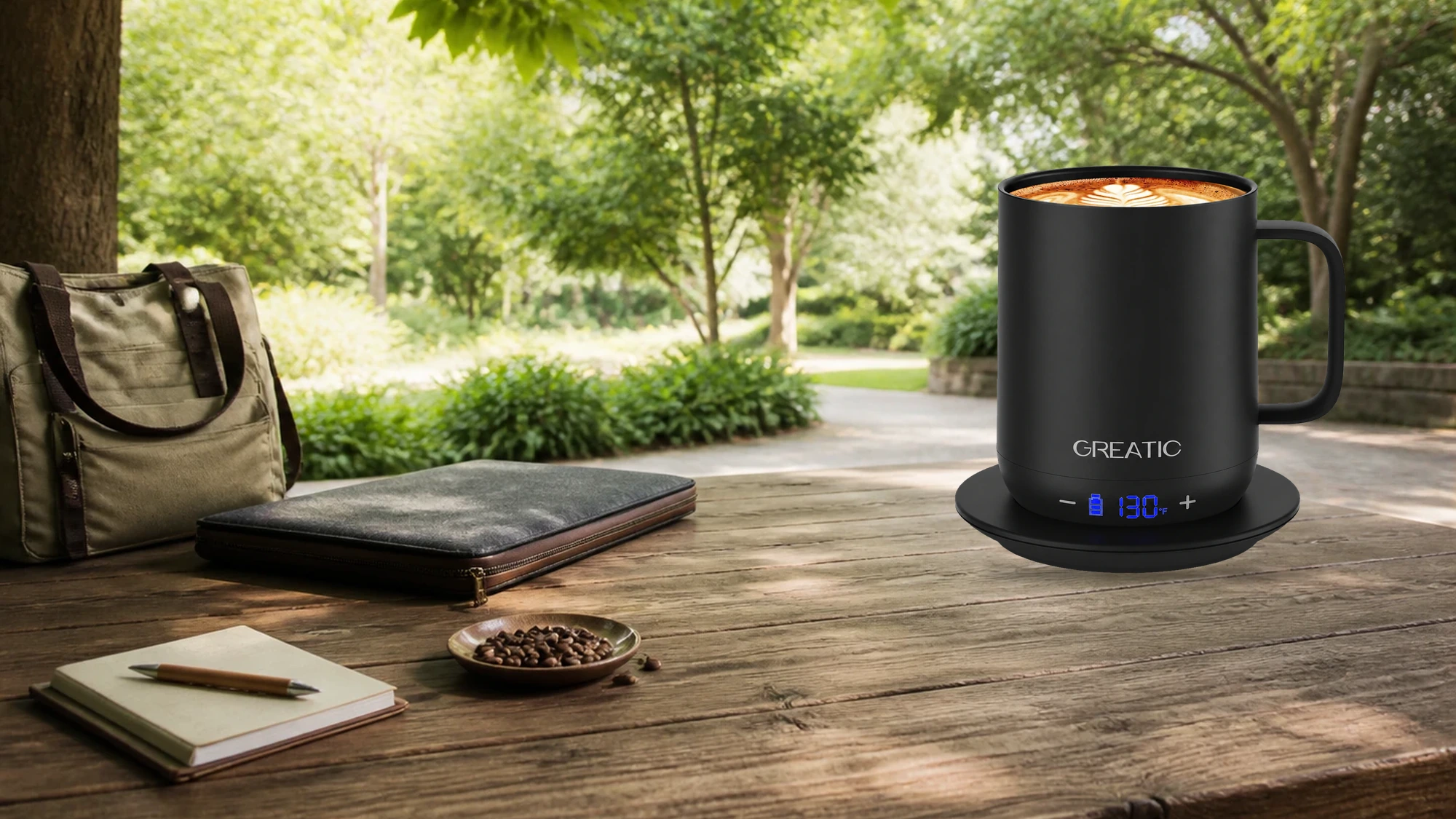 ブラック GREATIC GT-1 10oz スマート温度制御マグ、屋外作業休憩テーブルに黒い電源部品付き