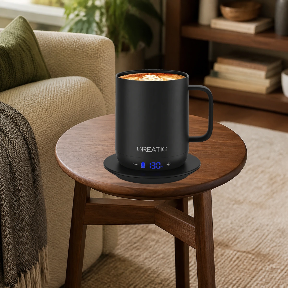 ブラック GREATIC GT-1 10oz ホットマグをコンパクトなサイドテーブルに置いて、短いコーヒーブレイクに最適