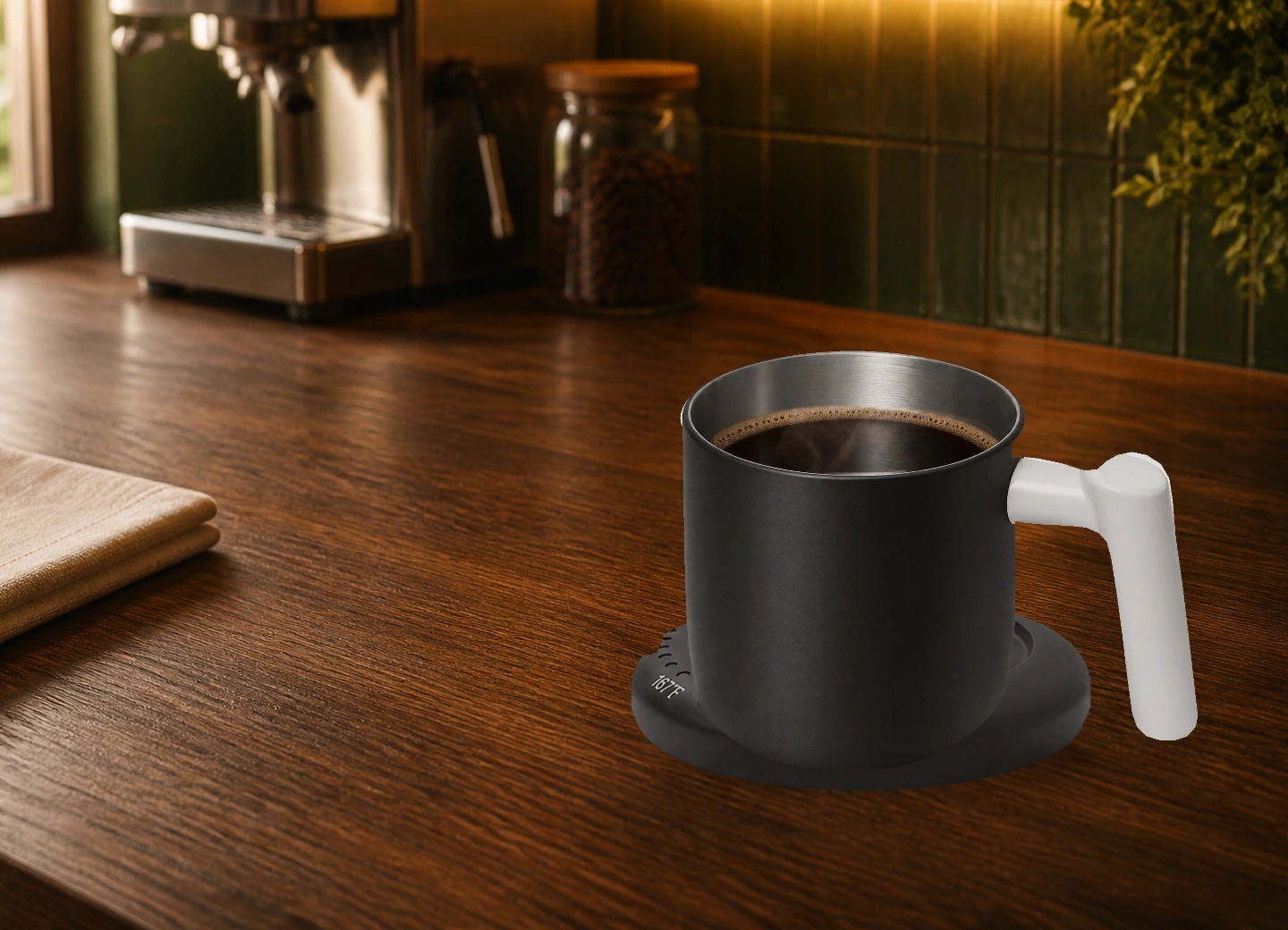 GT-2 Black heated mug on its matching base in a coffee corner ready to choose a temperature preset