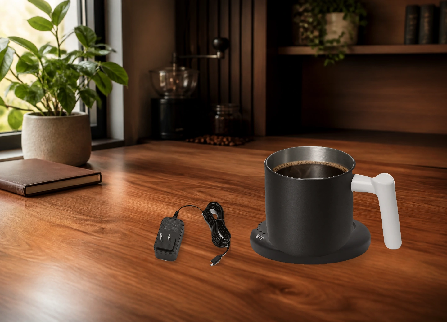GT-2 Black mug on its matching heating base with the supplied 12V / 3A adapter