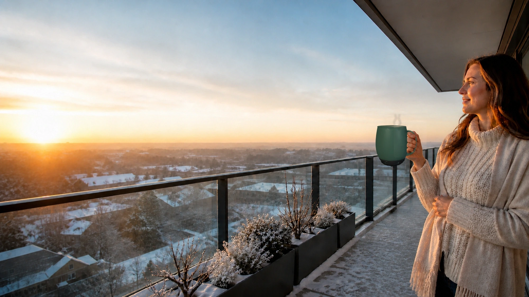 Woman naturally holding the handle of a green GREATIC GT-1 16oz heated coffee mug on a snowy balcony at sunrise
