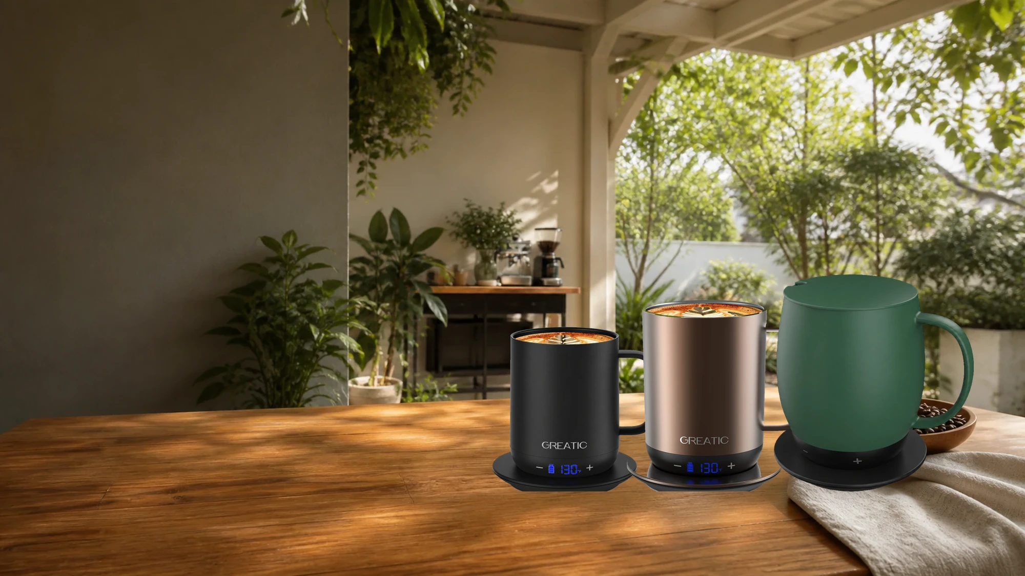 GREATIC GT-1 10oz, 14oz and 16oz smart temperature-control coffee mugs beside a home coffee bar on a garden patio