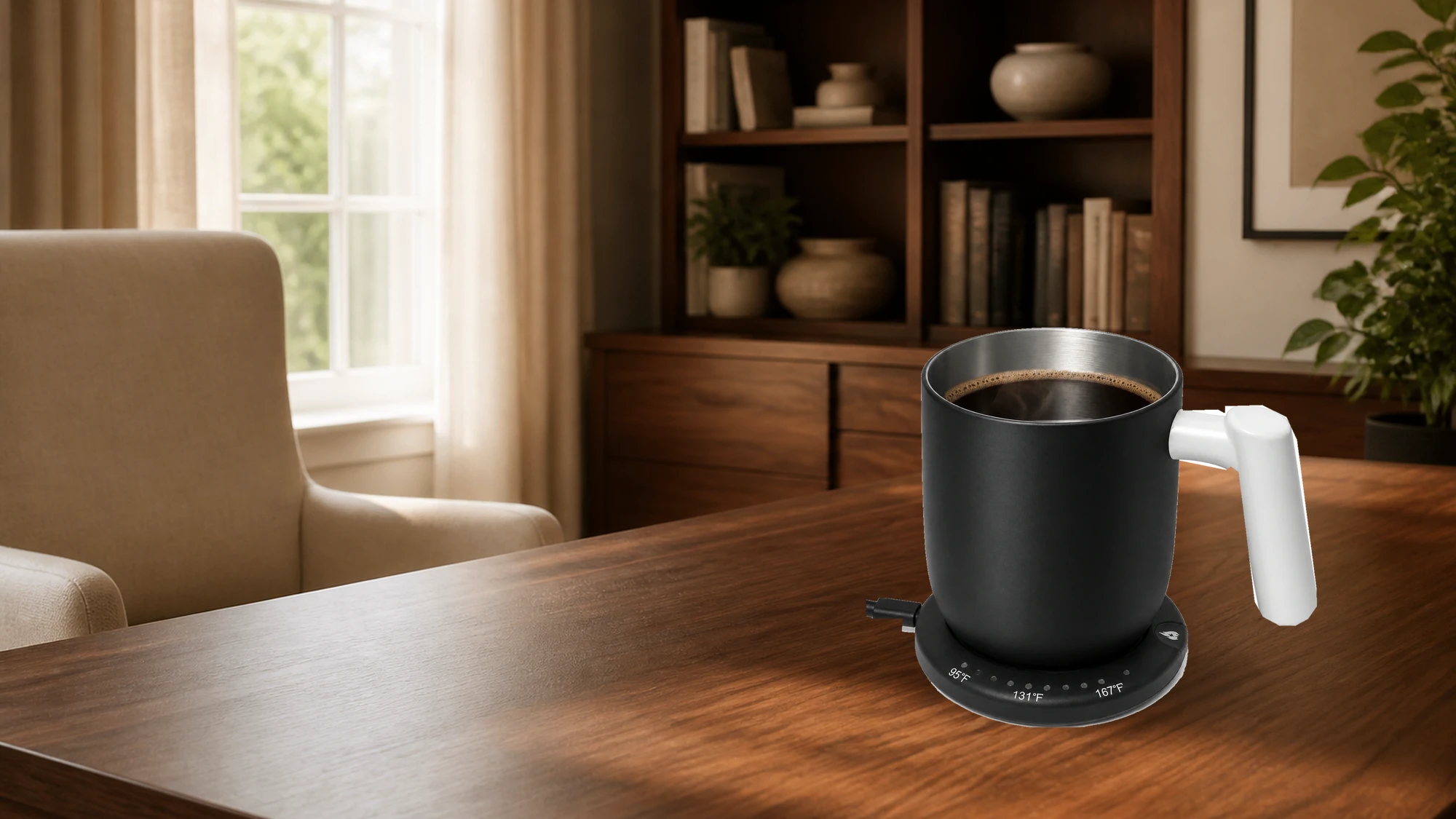 Black GREATIC GT-2 16oz heated coffee mug with white handle and matching wireless base in a warm reading room