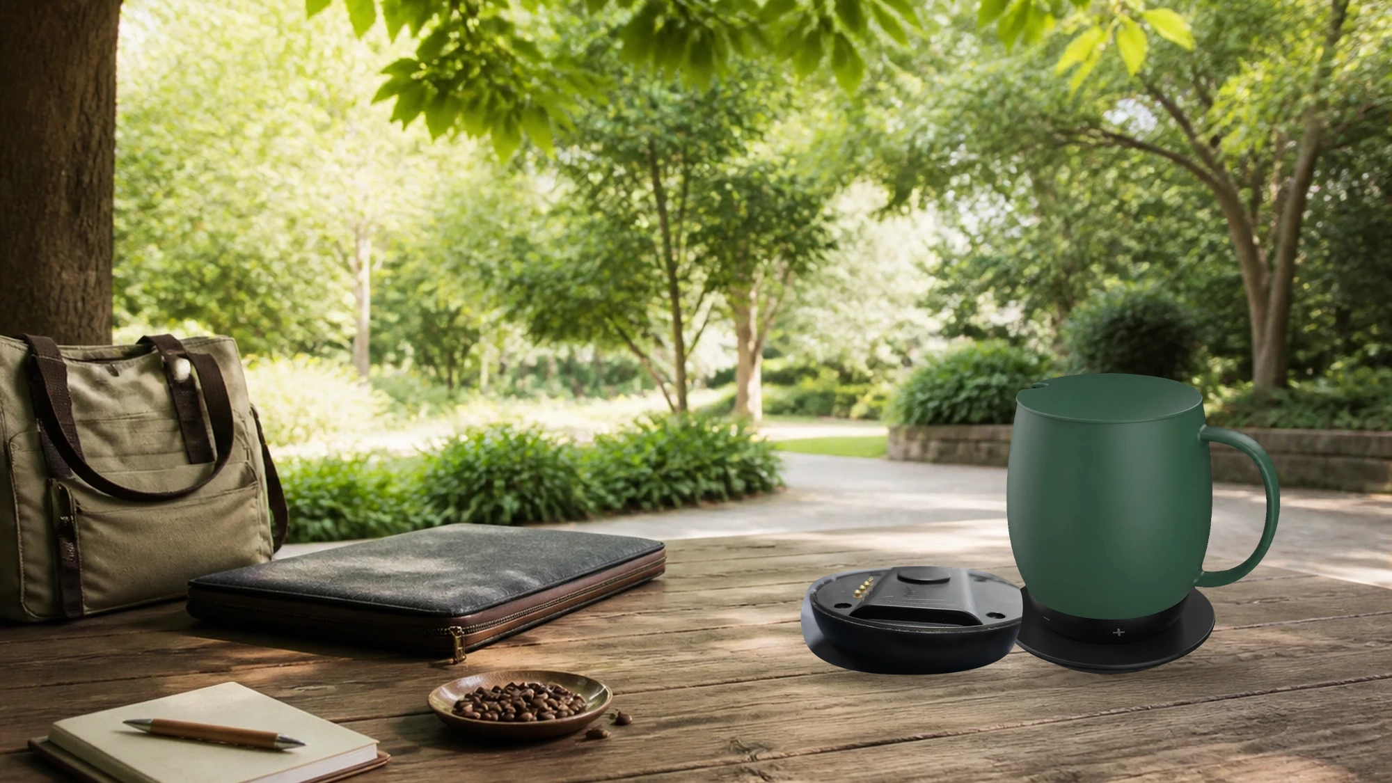 GREATIC GT-1 16oz green smart mug and real black magnetic powered base during an outdoor work break