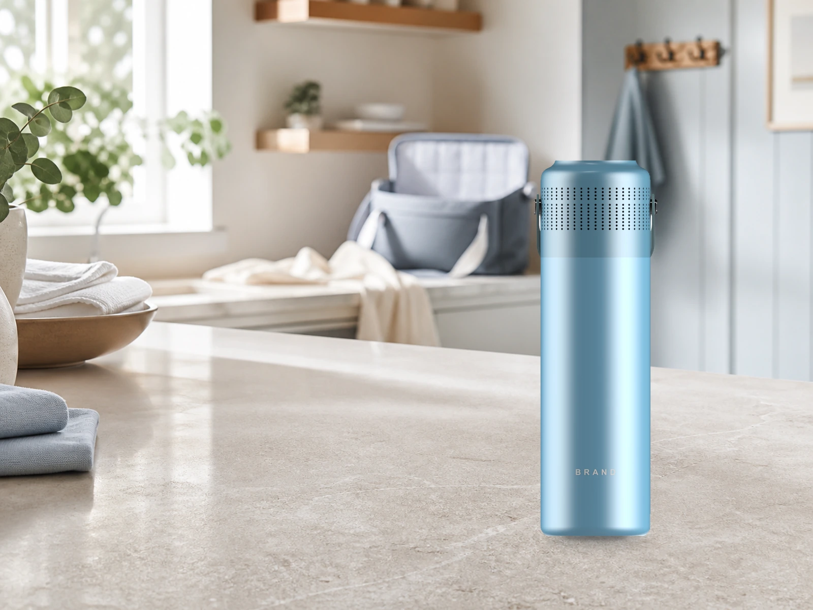 Blue GREATIC breast milk storage container on a kitchen counter beside an insulated cooling bag and refrigerator for cold-storage preparation