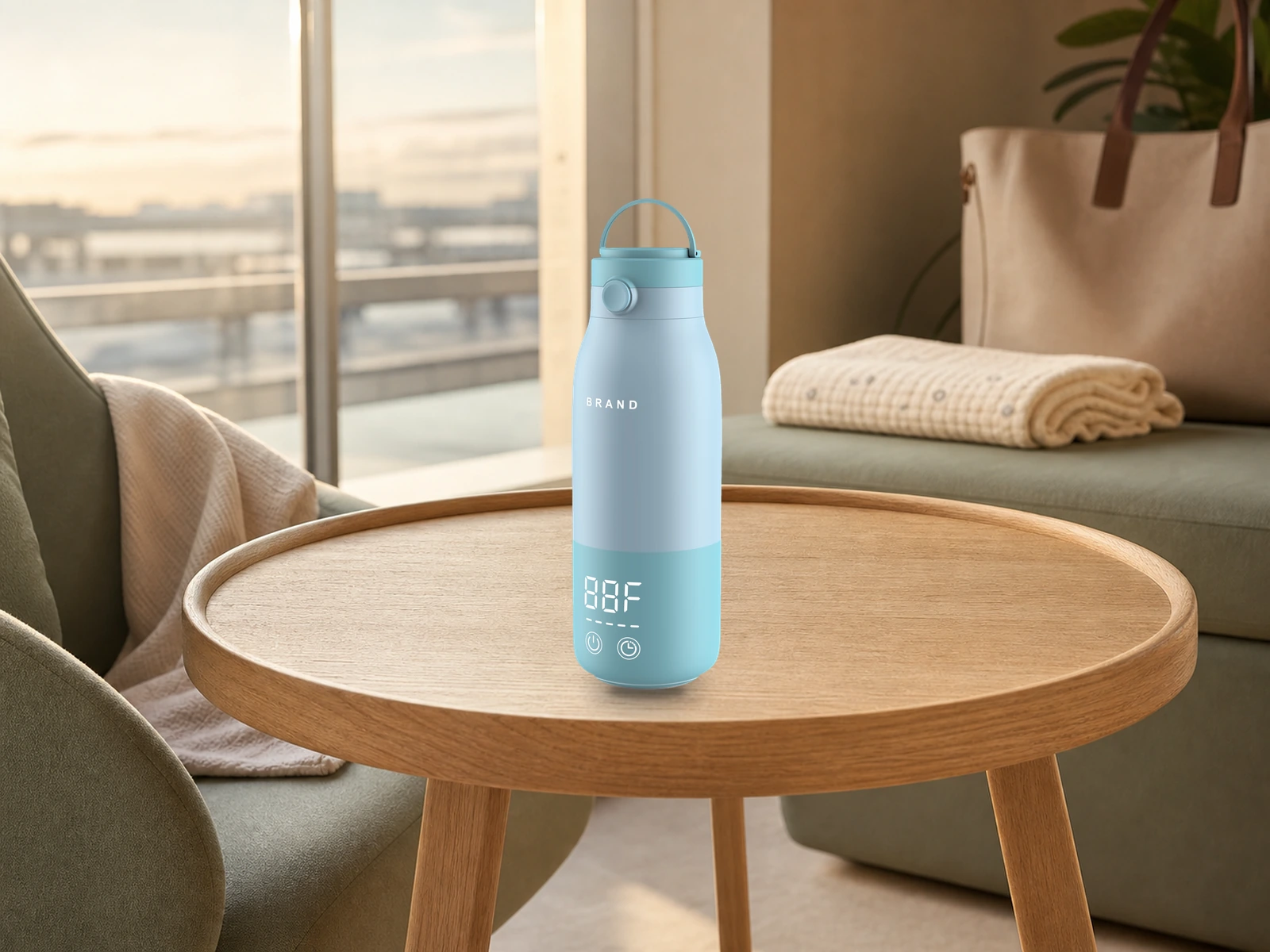 Blue GREATIC portable breast milk warmer on a travel café table