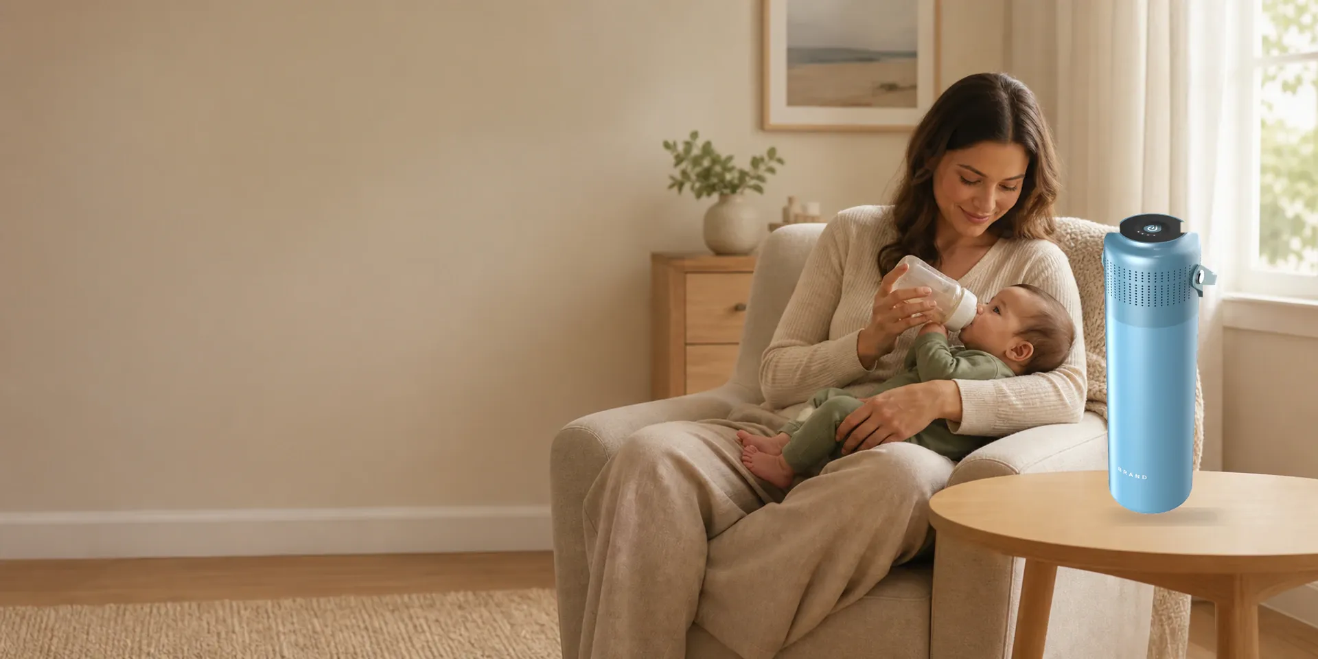 Mother bottle-feeding her baby beside a blue GREATIC electronic-cooling breast milk storage container